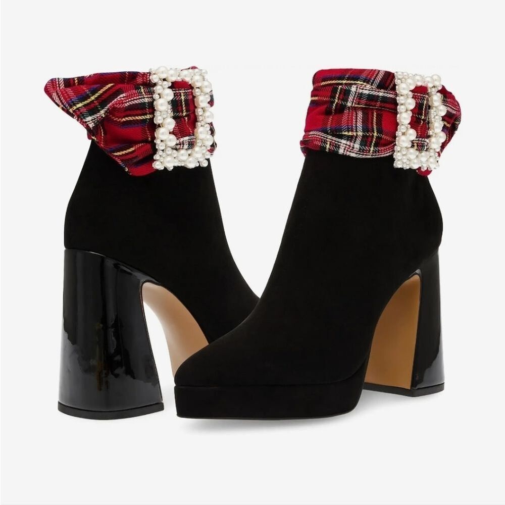 NEW Betsey Johnson Black Faux Suede Ankle Boots with Red Plaid Cuff 6.5, 7,  7.5